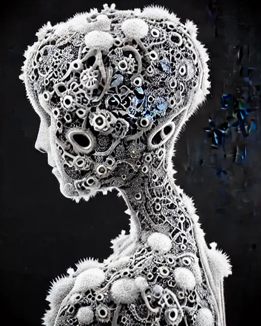 Image similar to surreal black and white photo portrait of complex bio-mechanical beautiful young female vegetal-cyborg with a Mandelbrot fractal metal fine lace face, curled silver hair, 150 mm lens, soft rim light, fine metal floral foliage super big lace collar by Alexander McQueen, high fashion, haute couture, rococo, steampunk, silver filigree details, anatomical, facial muscles, cable wires, microchip, elegant, hyper realistic, octane render, unreal engine, volumetric lighting, 8k,