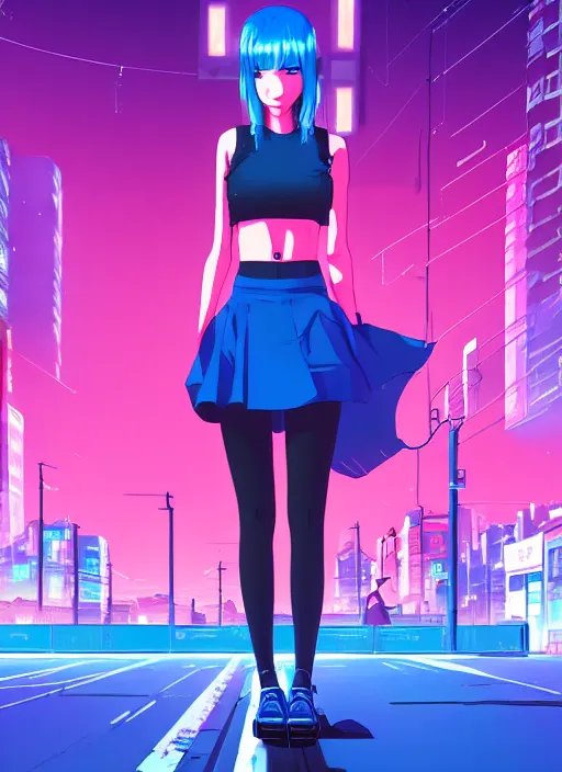 Prompt: digital illustration of cyberpunk pretty girl with blue hair, wearing a crop top and a skirt, full body pose, in city street at night, by makoto shinkai, ilya kuvshinov, lois van baarle, rossdraws, basquiat