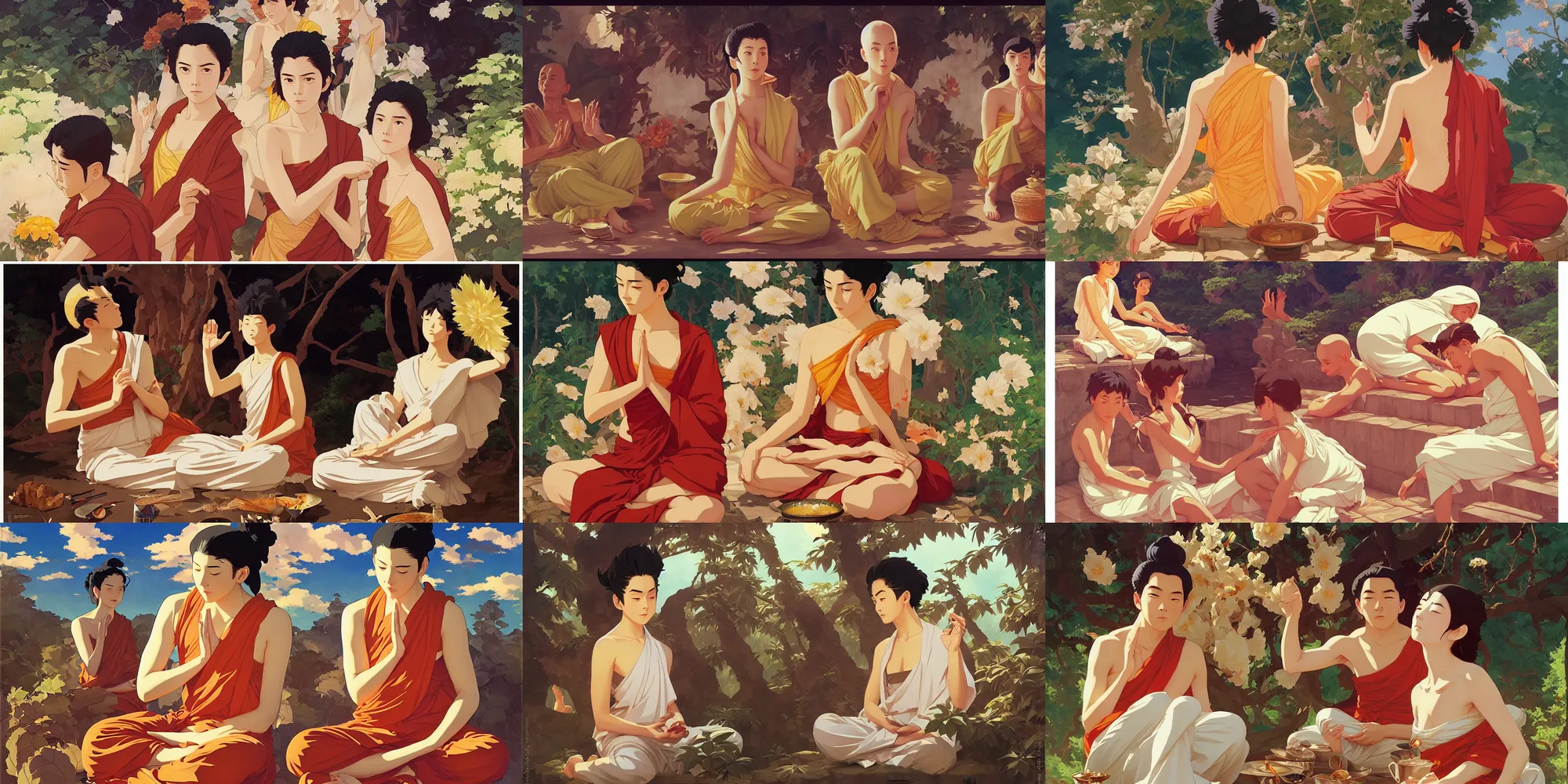 Prompt: buddhism, summer, in the style of studio ghibli, j. c. leyendecker, greg rutkowski, artem