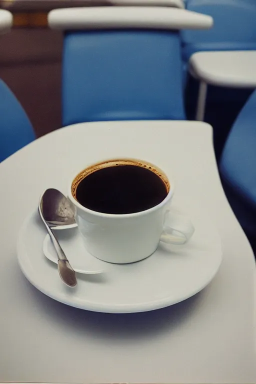 Image similar to a cup of coffee sitting on top of a white table diner booth, high angle, blue booth seats, a hyperrealistic photo by IAN SPRIGGS, flickr, conceptual art, photo taken with ektachrome, photo taken with provia, kodak portrait