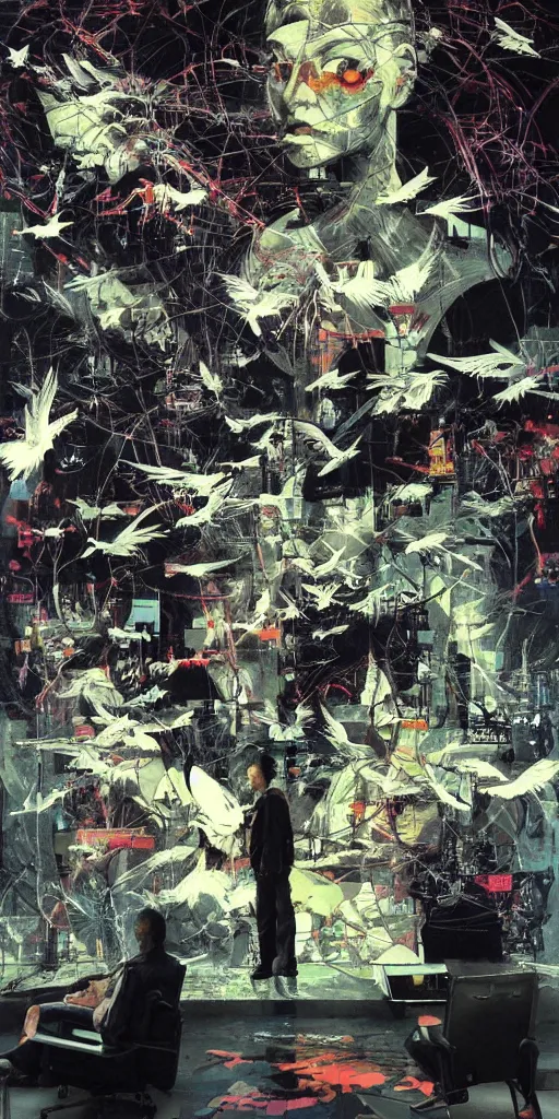 Image similar to a daydreaming hacker under progressive rasterization is surrounded by digital birds, neon virtual networks, and information visualization, oil on canvas by dave mckean and yoji shinkawa