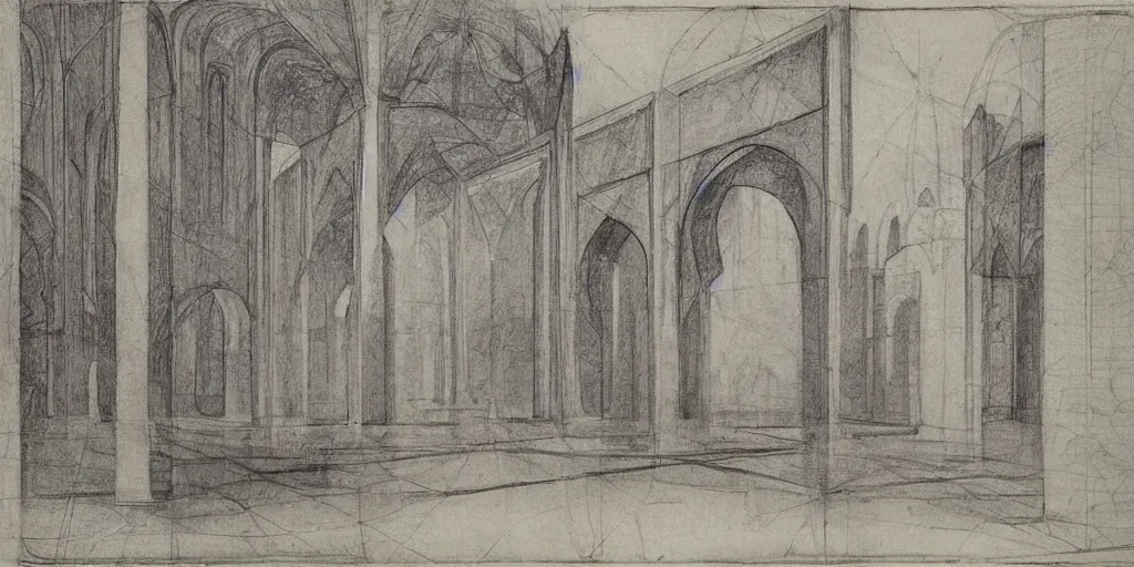 Prompt: sketch by da vinci and Zaha Hadid for mosque in old paper