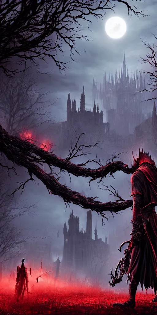 Image similar to abandoned bloodborne old valley with a obscure person at the centre and a ruined gothic city in the background, trees and stars in the background, falling red petals, epic red - orange moonlight, perfect lightning, wallpaper illustration by niko delort and kentaro miura, 4 k, ultra realistic