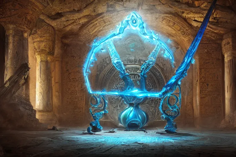 Prompt: old twisted staff weapon with a blue crystal at it's tip, fantasy movie scene greg rutkowski digital painting of an ornate and royal egyptian antechamber tomb, unreal engine, hyper realism, realistic shading, cinematic composition, blender render, octane render, hdr, detailed textures, photorealistic, ultrawide shot, 3 5 mm film