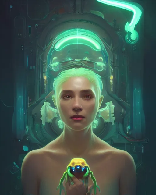 Image similar to one singular portrait of a cute bioluminescent creature, pulp scifi, highly detailed, digital painting, moody cinematic lighting, hyperrealism, dark retrowave, art by stanley lau and artgerm and magali villeneuve and alphonse mucha, artstation, octane render, cgsociety