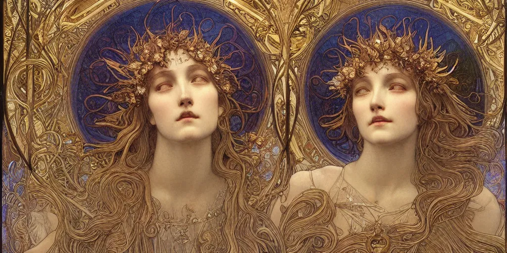 Image similar to portrait burning saint face, venus, athena, halo, by alphons mucha and annie swynnerton and jean delville, strong dramatic cinematic lighting, ornate headdress, flowing robes, spines, flowers, stars, lost civilizations, smooth, sharp focus, extremely detailed, marble, molten gold, space