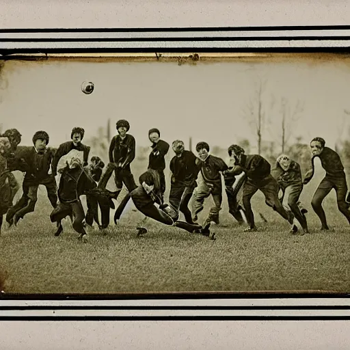 Prompt: daguerreotype photograph of zombies playing soccer