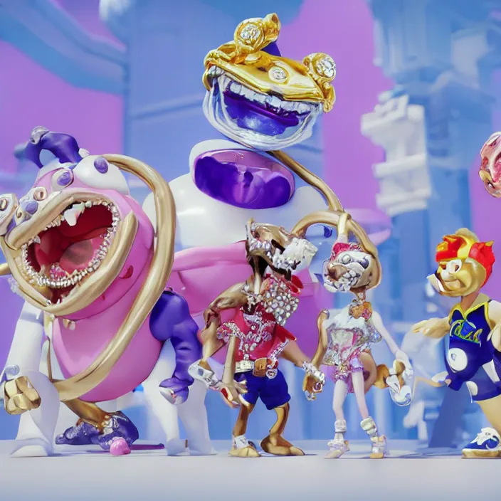 Image similar to jeff koons hip hop bauhaus style street sharks sailor moon wearing diamond grillz and a ton of bussdown iced gold bling in wallace & gromit strata - cut claymation, ultra realistic, concept art, intricate details, serious, highly detailed, photorealistic, octane render, 8 k, unreal engine, art by todd mcfarlane