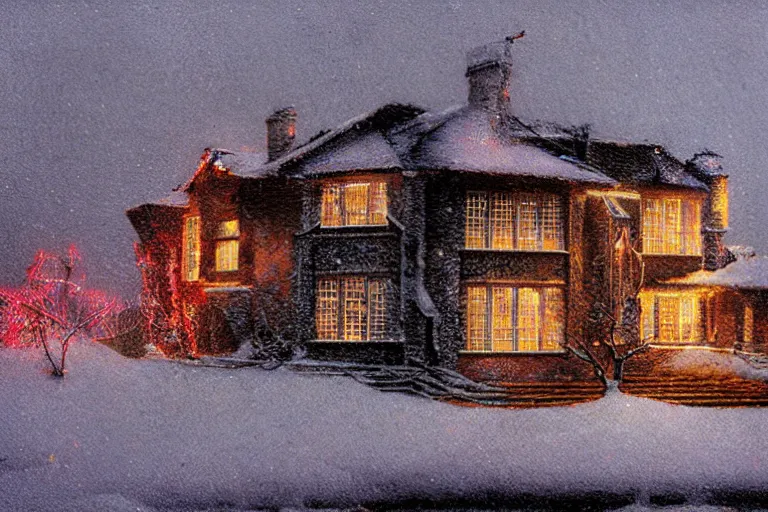 Image similar to cyberpunk, winter in the snow, Christmas lights, external view of a 5 bedroom detached cyberpunk house in the UK, by Beksinski