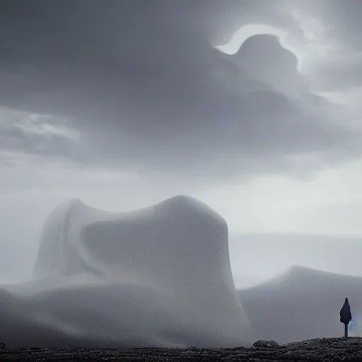 Image similar to colossus by grzegorz rutkowski, atmospheric haze, stormy, tundra, princess in foreground, large scale