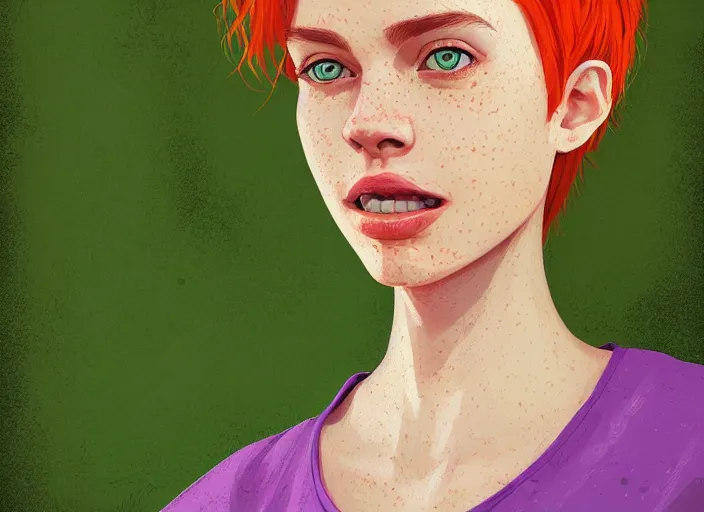 Image similar to portrait of a beautiful smiling girl with orange hair and freckles, green eyes, intricate, elegant. highly detailed, digital painting, artstation, concept art, smooth, sharp, focus, illustration. background is purple, art by Ilya Kuvshinov