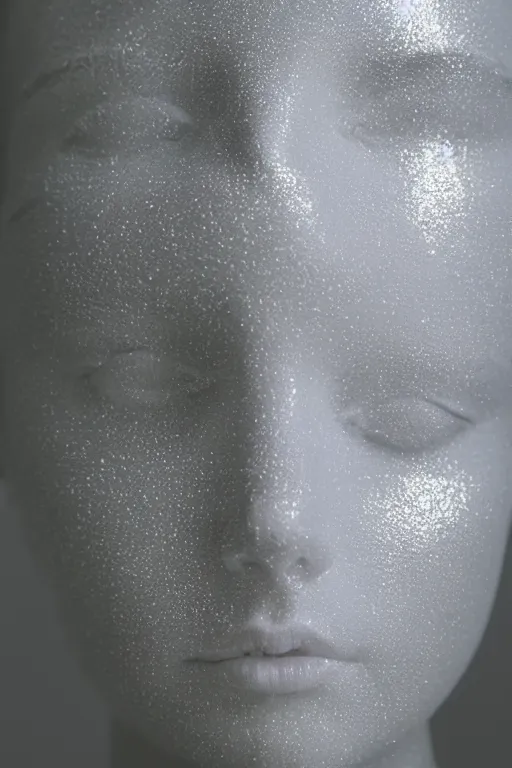 Prompt: full head and shoulders, beautiful porcelain female person, smooth, delicate facial features, white detailed eyes, white lashes, large electrical gold sparks, glowing lightening, on black background, by daniel arsham and james jean