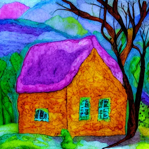 Prompt: small wooden house in the middle of spring forest, bright colours, watercolor painting, volumetric wool felting