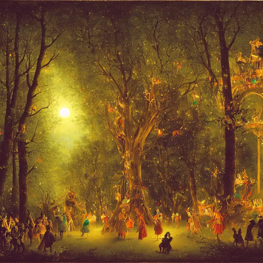 Prompt: a night carnival around a magical tree cavity, with a surreal orange moonlight and fireworks in the background, next to a lake with iridiscent water, christmas lights, folklore animals and people disguised as fantastic creatures in a magical forest by summer night, masterpiece painted by carl spitzweg, dark night environment