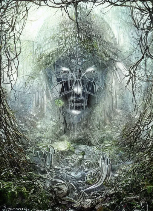 Image similar to a crystal cube in a forest, highly detailed, intricate, concept art, art station, cinematic light, realistic, ethereal light, art by H.R. Giger and sorayama