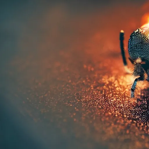 Prompt: cinematic headshot portrait of a spider flies in the fire, movie still, more details, dramatic lightning,