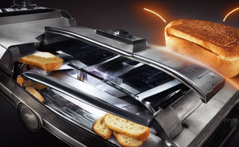 Image similar to a time-traveling delorean styled toaster with toast, bread inserted into slot, glowing heating coils, stainless steel, professional product shot, magazine ad