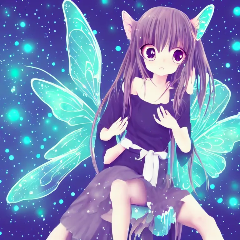 Image similar to cute, full body, female, anime style, a cat girl with fairy wings, large eyes, beautiful lighting, sharp focus, simple background, creative, heart effects, filters applied, illustration