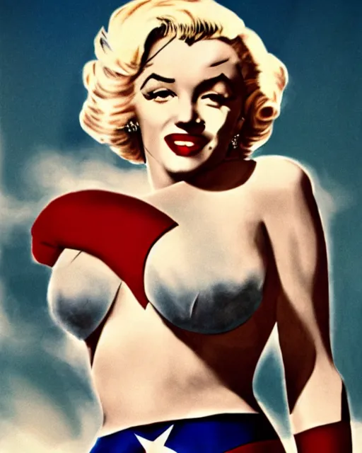 Image similar to Modern color photograph of Marilyn Monroe as Captain America, photorealistic