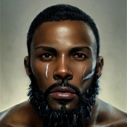 Image similar to portrait painting of a beautiful black man with cut scars and cropped hair wearing a tattered fur coat, ultra realistic, concept art, intricate details, eerie, highly detailed, photorealistic, octane render, 8 k, unreal engine. art by artgerm and greg rutkowski and charlie bowater and magali villeneuve and alphonse mucha