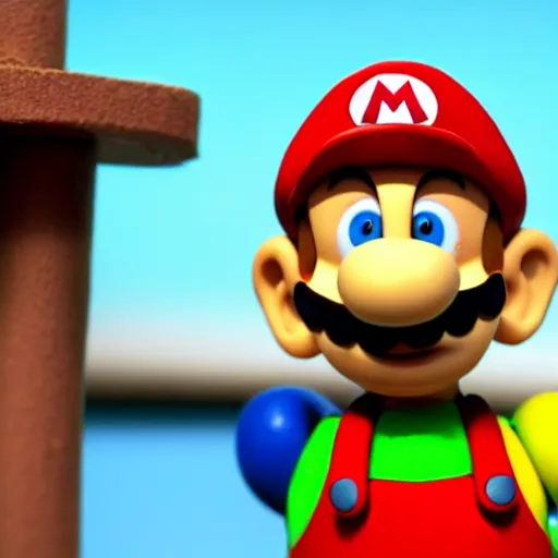 Image similar to Photo of ((((Mario)))) in a still from a Wallace and Gromit stopmotion animation, plasticine models, British stopmotion, high quality, a bit desaturated colors, art by Aardman Animations, 4k