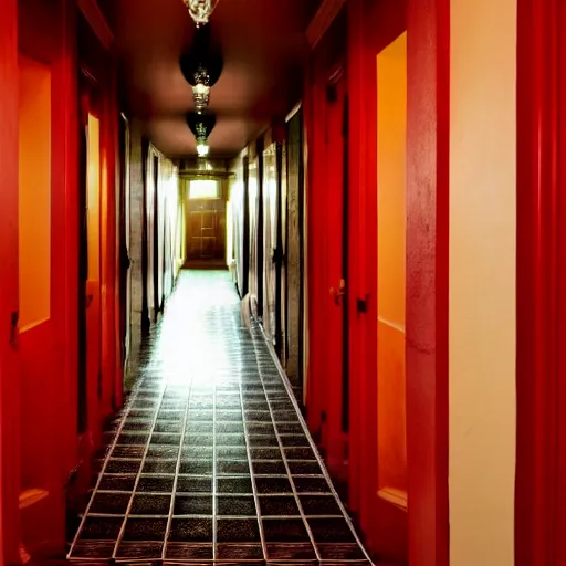 Image similar to a vintage hotel hallway with a red door at the end, dimly lit, surreal, dark, liminal,