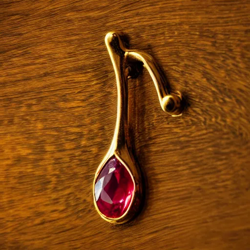 Prompt: macro shot of an intricately detailed golden hanger with an embedded ruby gem, lying on a oak table indoors, sunlit day, f 1. 4