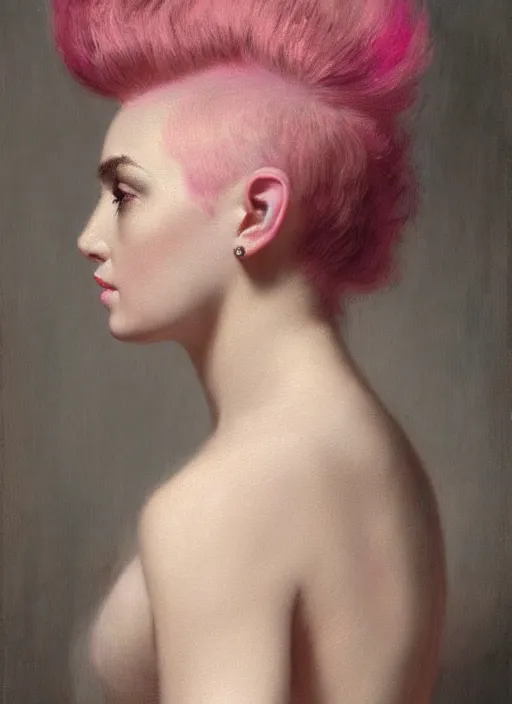 Image similar to a detailed portrait of woman with a mohawk by edouard bisson, year 1 9 5 0, pink hair, punk rock, oil painting, muted colours, soft lighting