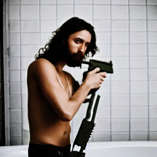 Image similar to jesus christ posing on instagram in his bathroom with an m 1 6