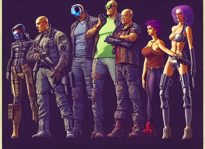 Image similar to cyberpunk infiltration team. portrait by stonehouse and mœbius and will eisner and gil elvgren and pixar. character design. realistic proportions. cyberpunk 2 0 7 7 character art, blade runner 2 0 4 9 concept art. cel shading. attractive face. thick lines. the team. diverse characters. artstationhq.