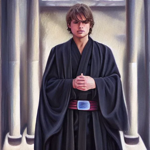 Image similar to anakin at the steps of the jedi temple on coruscant, oil painting, award - winning art, highly detailed