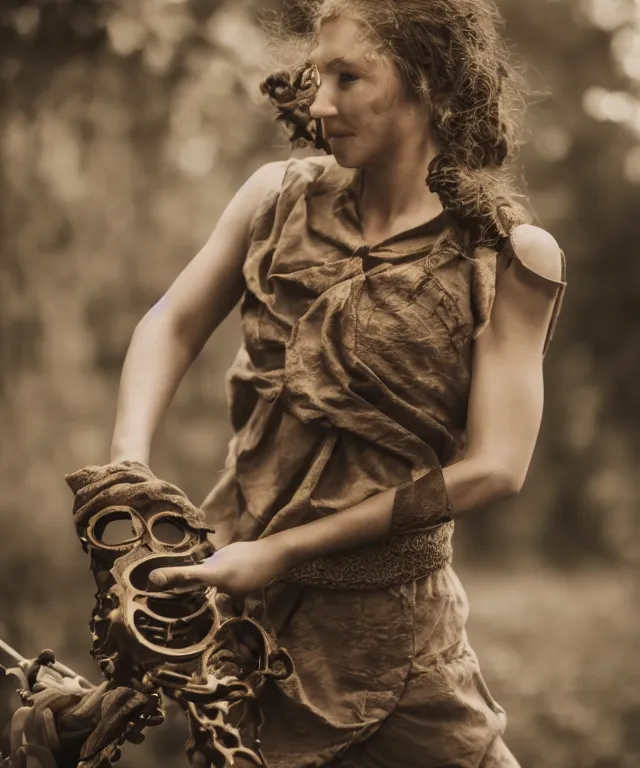 Prompt: A beautiful girl makes bronze gear, 50mm photo, soft light, extremely high details, motion blur