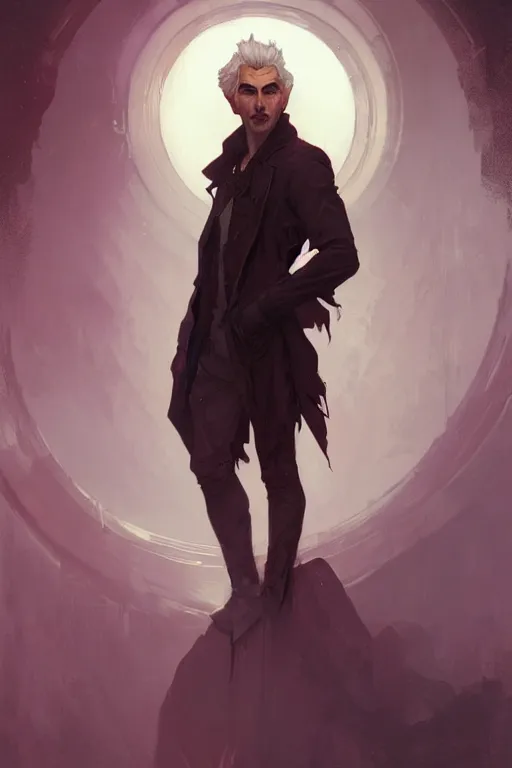 Prompt: portrait of a beautiful young fit male vampire with curly white hairs, dressed with urban clothes, by greg rutkowski and alphonse mucha, d & d character, gradient white to red, modern nocturnal background, highly detailed portrait, digital painting, artstation, concept art, smooth, sharp focus ilustration, artstation hq