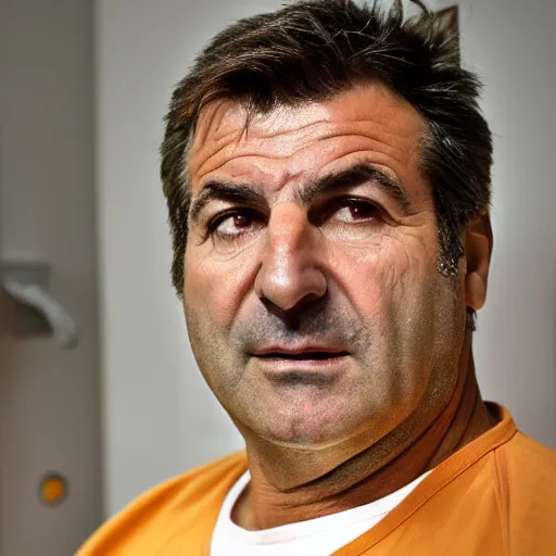 Prompt: joan laporta in the prison showers, bending down to get the soap