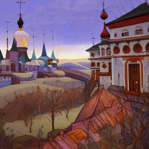 Prompt: photo beautiful magical ancient Slavic Russian city of Kitezh, fisheye lens, painting by Viktor Vasnetsov, concept art, magical city, fantasy cityscape, ancient Slavs, wooden buildings, ancient Russian architecture, terem, hyperborea, top cinematic lighting , cinematic mood, very detailed, 8k, high resolution, painting by Nicholas Roerich, trending on artstation, artstationHD,