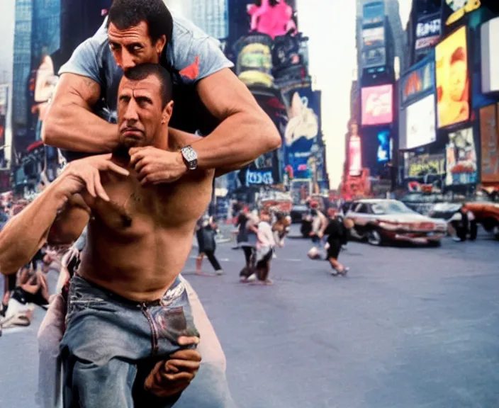 Prompt: The rock piggyback on Adam Sandler on Methamphetamine at Times Square, photograph by Alfred Eisenstaedt, 4K, dramatic lighting; 4K 8K