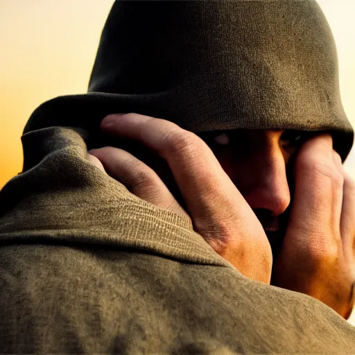 Prompt: cinematic photo of Hooded innocent man, hands behind back, waiting before firing squad, award winning, golden hour