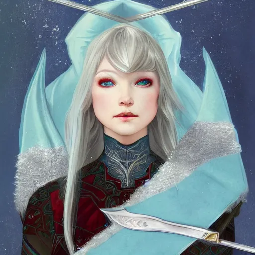 Image similar to half length portrait of a handsome snow elf in a turquoise cape and silver armour, armed with bow and arrow, albino skin, winter vibes, elegant, very coherent symmetrical artwork, rule of thirds, by ralph hosley and alphonse mucha and charlie bowater, sharp focus, trending on artstation