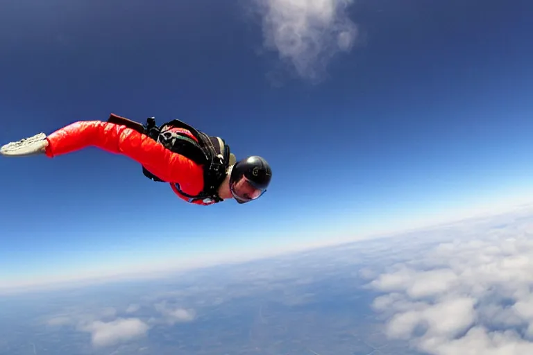 Image similar to close - up wide - angle photo of queen elizabeth skydiving