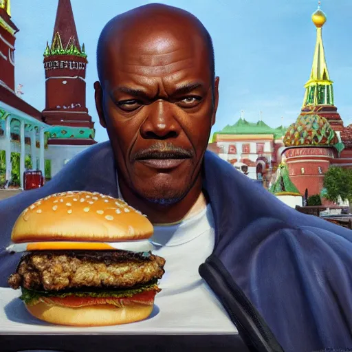 Prompt: highly detailed portrait painting of young samuel l jackson eating burger sitting on bench near moscow kremlin, balalaika, perfect symmetrical eyes, by eddie mendoza and tyler edlin, 8 k resolution