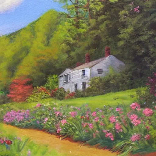 Image similar to a realistic painting of symply durhams cottages, catskills, us.