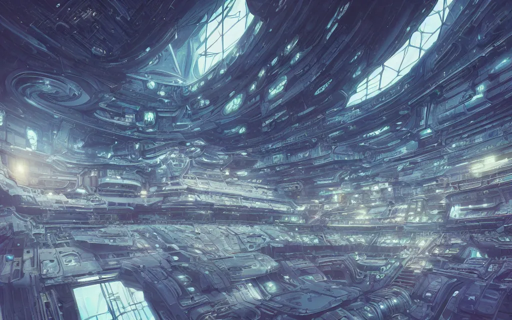 Image similar to A beautiful painting of interior hangar of a futuristic science fiction space station, intricate, highly detailed, digital painting, illustration, artgram, by beeple, studio ghibli, trending on artstation