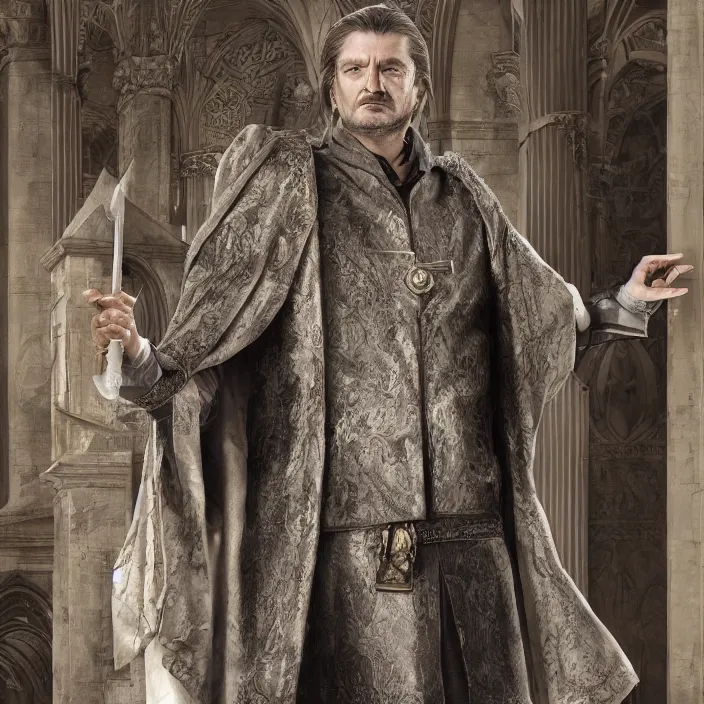 Prompt: professional photographic portrait of eddard stark as machiavelli in a venice bank, renaissance style, fine art piece, incredible detail, vray rendering, high octane,
