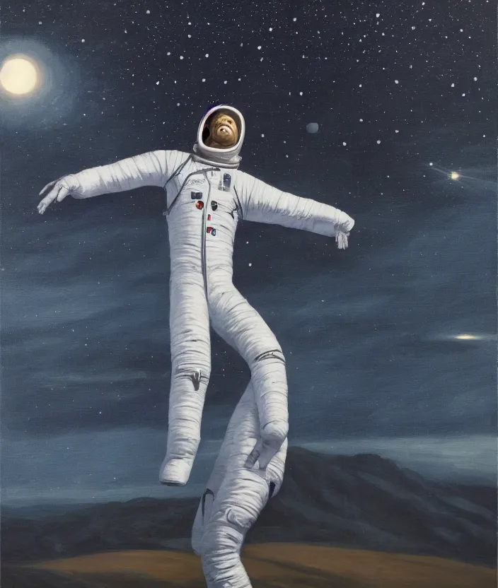 Image similar to a portrait oil painting of a screaming astronaut, dramatic and cinematic light, the background is a black sky with stars, in the style of thomas croft and edward hopper, 4 k,