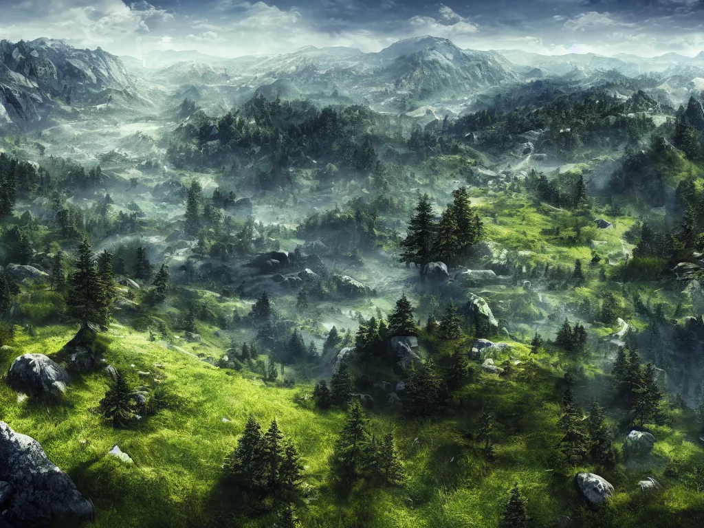 Image similar to epic view from a mountaintop, monumental mountains, green valleys with trees, digital painting, realistic render, 4k, 8k, photography, unreal engine, wallpaper, cinematic