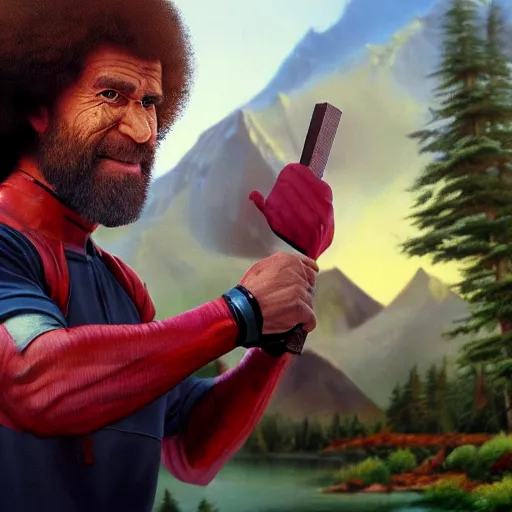 Prompt: a closeup photorealistic photograph of bob ross working on a canvas painting of deadpool. film still. brightly lit scene. mountains and trees. this 4 k hd image is trending on artstation, featured on behance, well - rendered, extra crisp, features intricate detail, epic composition and the style of unreal engine.