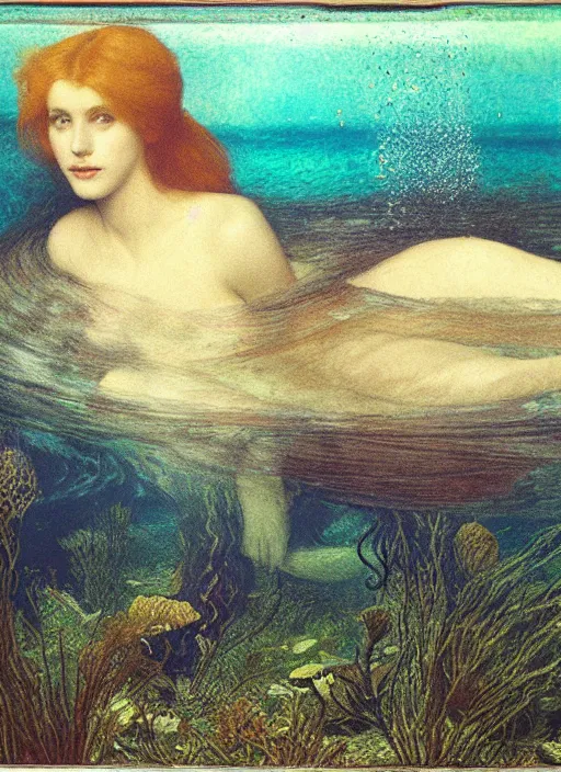 Image similar to lady laying under the sea on the seabed amongst the weeds, underwater shot, submerged, medium shot, on the bed of the river preraphaelite colour photography by rosetti, 8 k