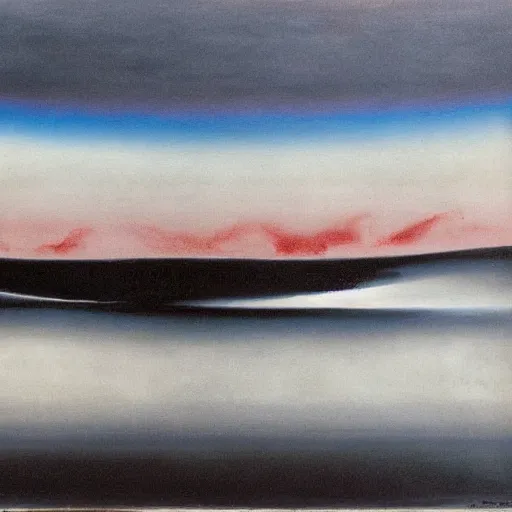 Image similar to the epic abstract painting'blue arctic void with black and red aurora borealis above a minimalist inuit sculpture made of whale rib bones ', by caspar david friedrich!!!, by rothko!!!, stunning masterpiece, trending on artstation