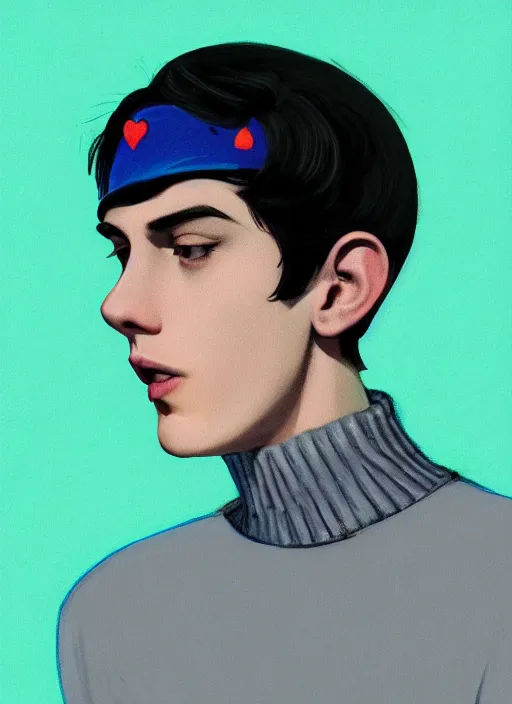 Image similar to portrait of teenage jughead jones wearing a light grey crown, crown, blue turtleneck, 1 9 5 0 s, closed eyes, photorealistic, black hair, glowing lighting, intricate, elegant, glowing lights, highly detailed, digital painting, artstation, concept art, smooth, sharp focus, illustration, art by wlop, mars ravelo and greg rutkowski