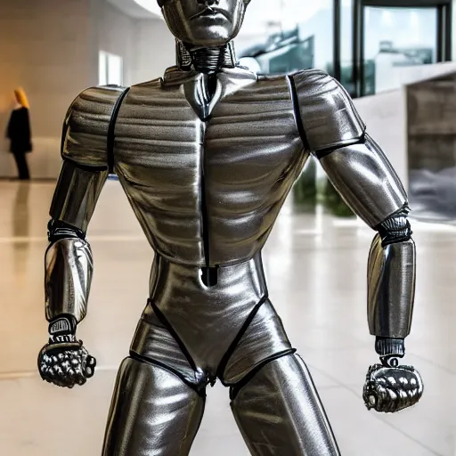 Prompt: a realistic detailed photo of a guy who is an attractive humanoid who is half robot and half humanoid, who is a male android, wrestler aj ferrari, shiny skin, posing like a statue, blank stare, by the pool, on display, showing off his muscles, humanoid robot, frozen ice statue
